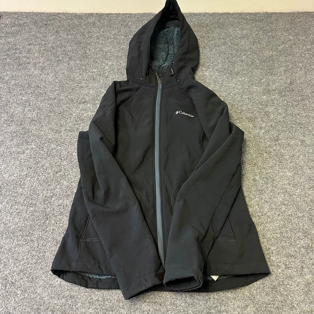 Columbia Jacket Womens Size L Black Omni-Wind Block Softshell Fleece Lined Hood